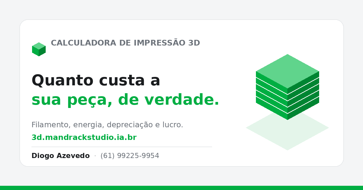 Calculadora de Custos de Impressão 3D — quanto custa a sua peça, de verdade. Filamento, energia, depreciação e lucro.